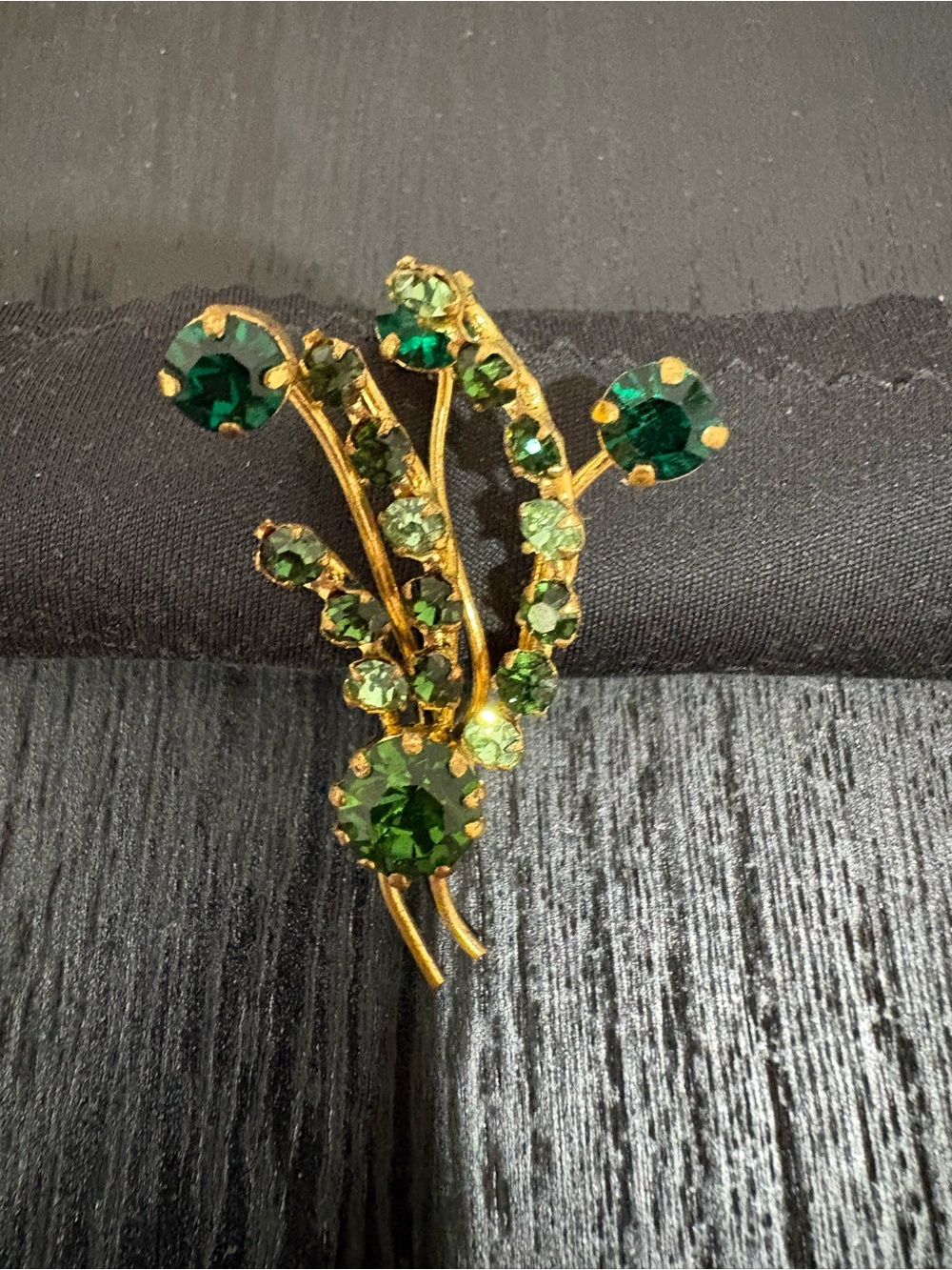 Gold-Tone Emerald Green Crystal Floral Brooch